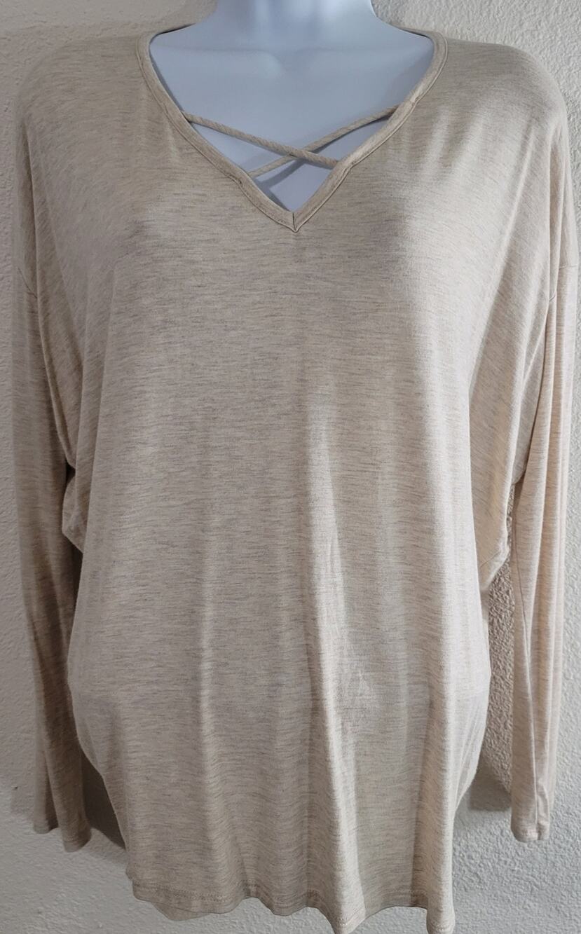 Alya Beige Heathered Crisscross V-neck Bodice Top XS Long Sleeves Hi Low Hem